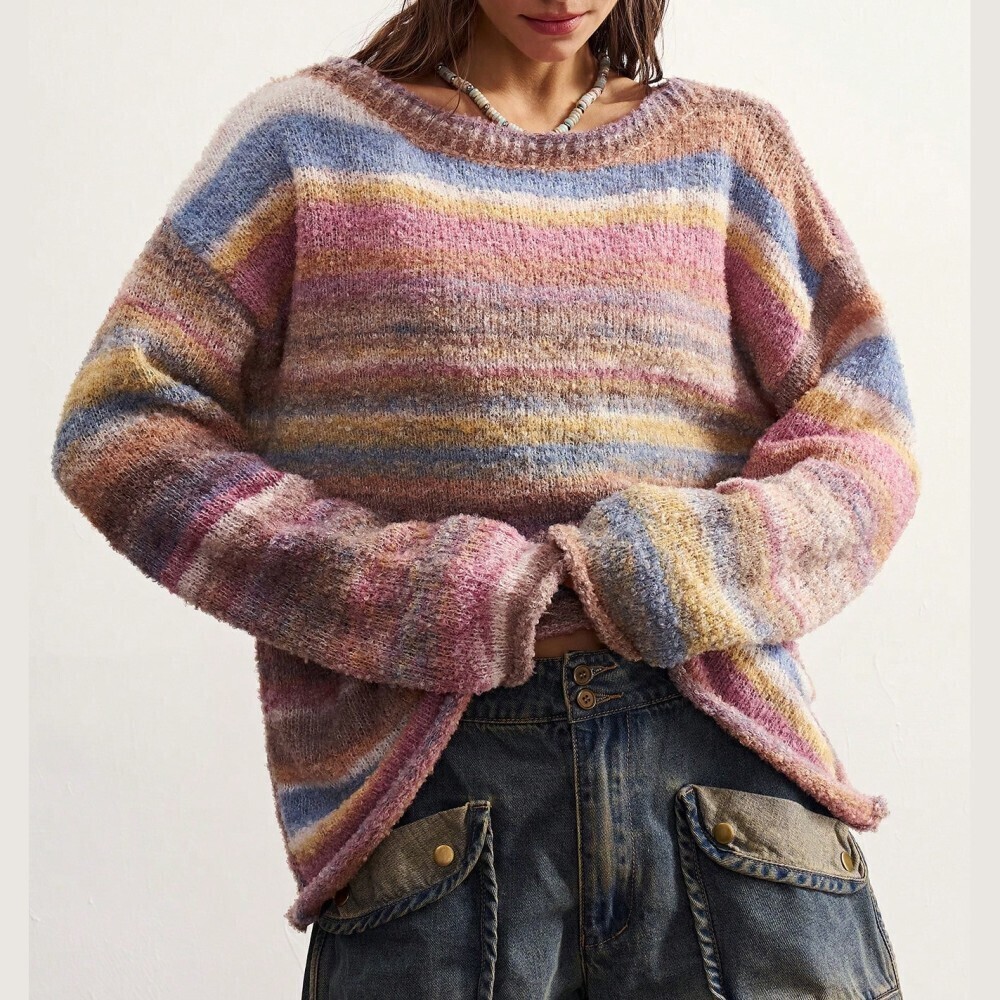 Pink Blue Multicolor Striped Fuzzy Knit Crew Neck Oversized Sweater